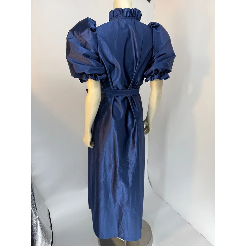 Vintage Puff‎ Sleeve Satin Robe Royal Blue Ruffle Neck Tie Waist Maxi Wrap M/L